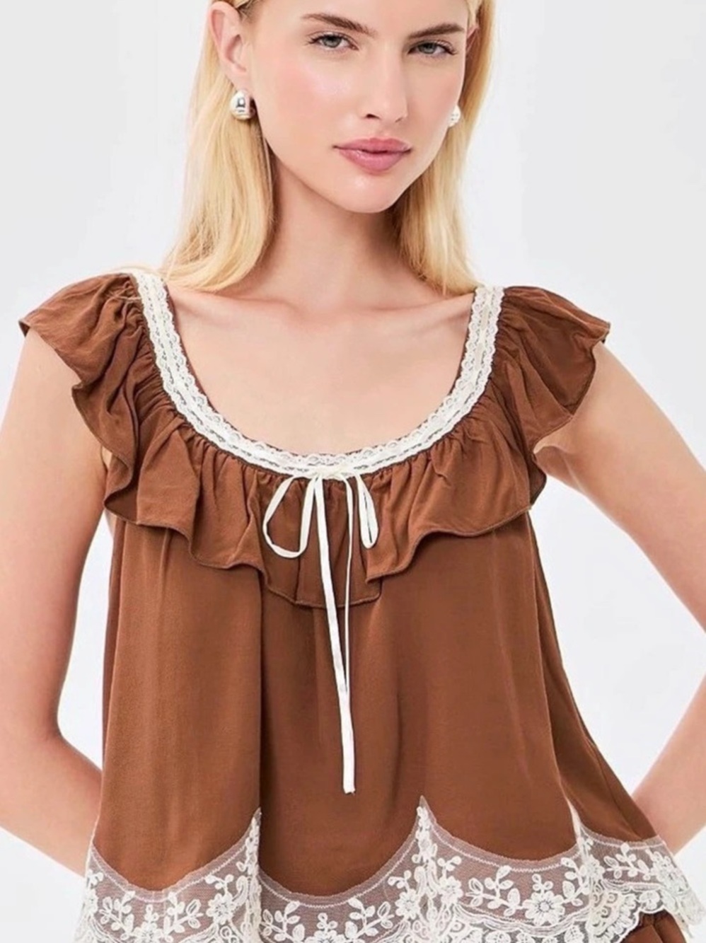 WAYF Lace Trim Ruffle Blouse in Brown Size Medium NWT